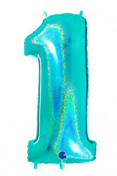 Nafukovací balónek číslo 1 tyrkys holografický 102 cm - Grabo