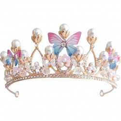 Nejedlá dekorace kovová Koruna zlatá s perlami a motýlky